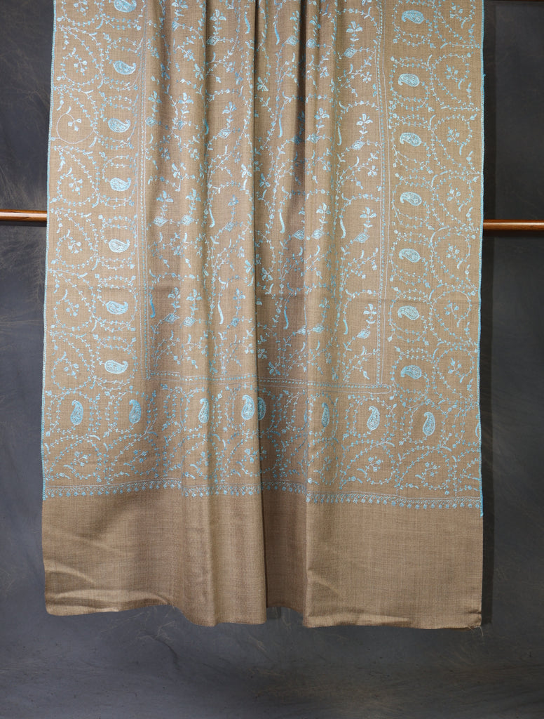 Natural Base Blue Jali Sozni Merino Embroidery Shawl