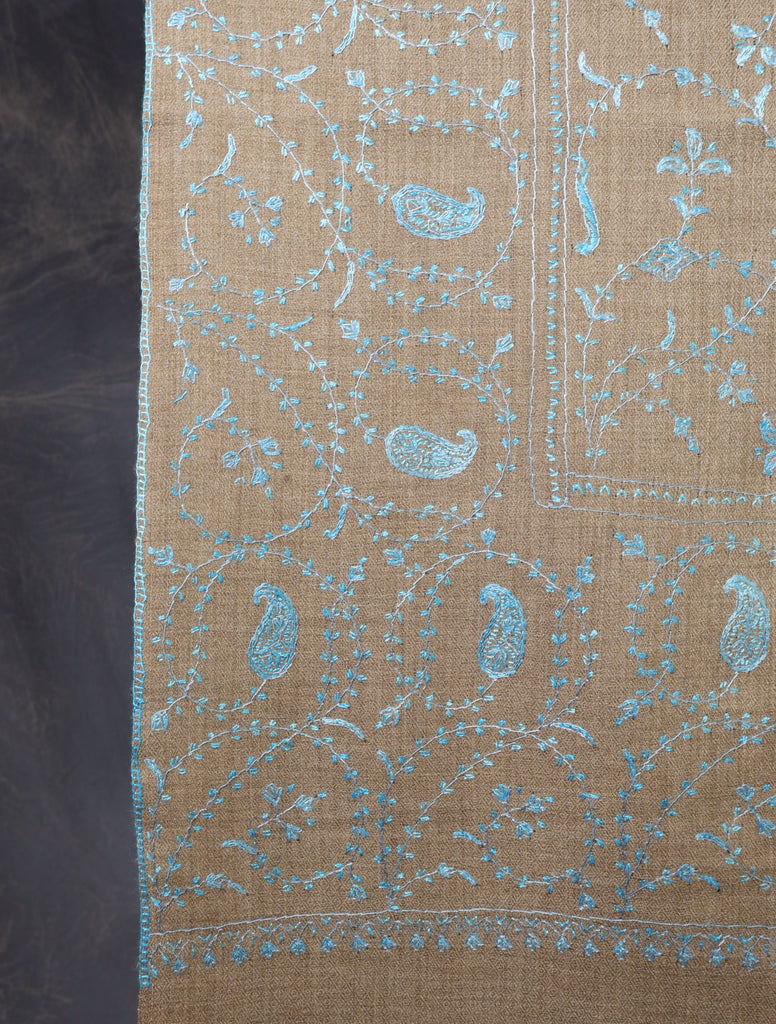 Natural Base Blue Jali Sozni Merino Embroidery Shawl