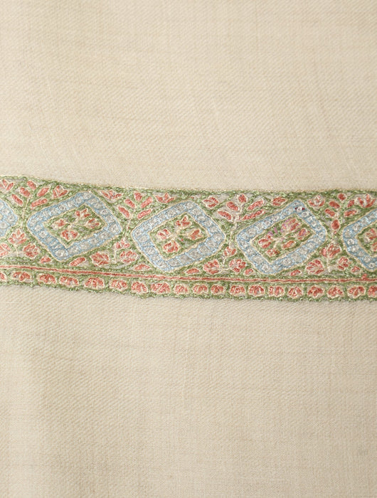 Ivory Base Pashmina Mussar With Greenish Tone