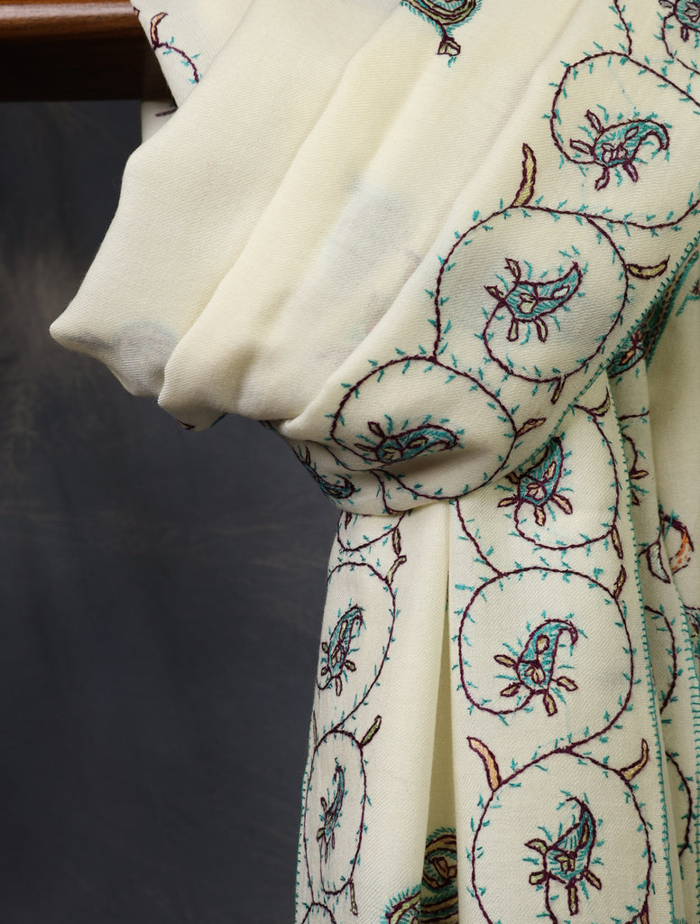 Ivory Base With Green Tone Paisley Embroidery Merino Shawl
