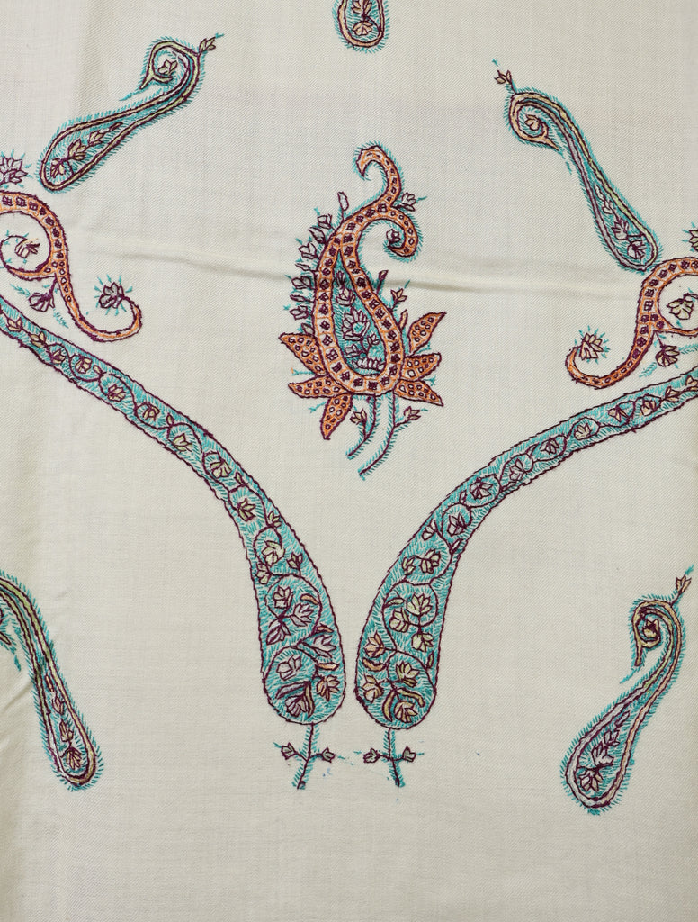 Ivory Base With Green Tone Paisley Embroidery Merino Shawl