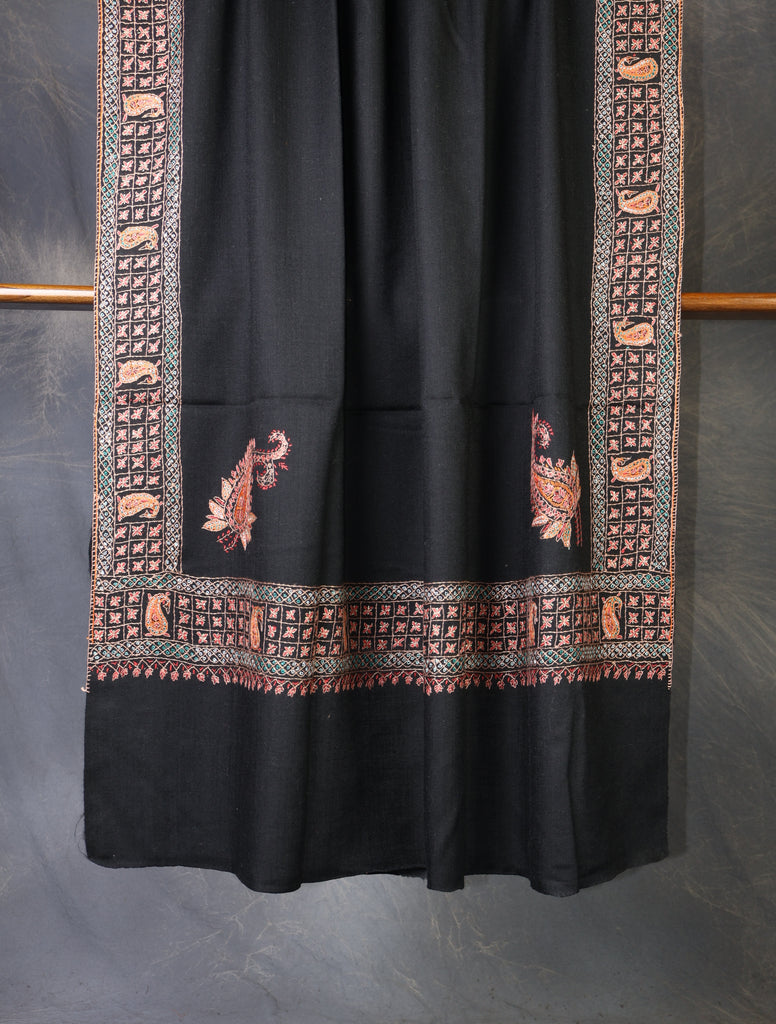 Black Base With Big Border Embroidery Merino wool Shawl