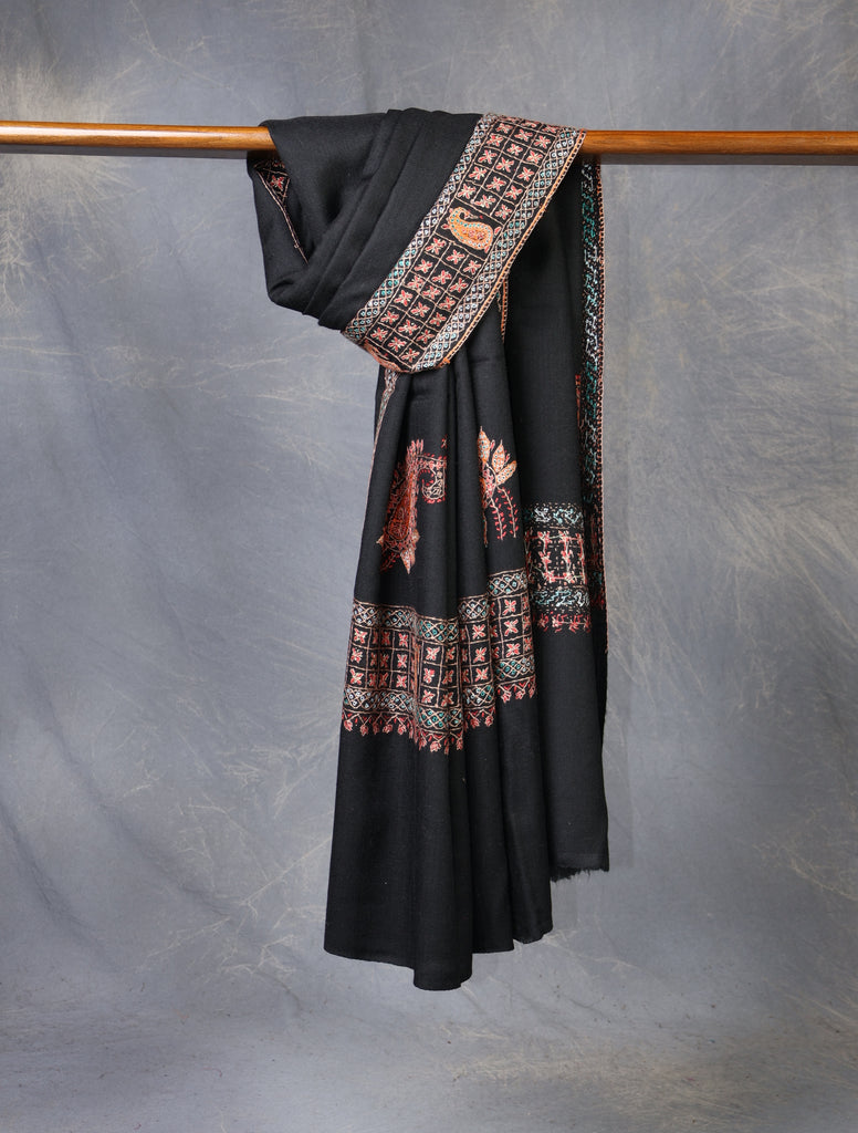 Black Base With Big Border Embroidery Merino wool Shawl