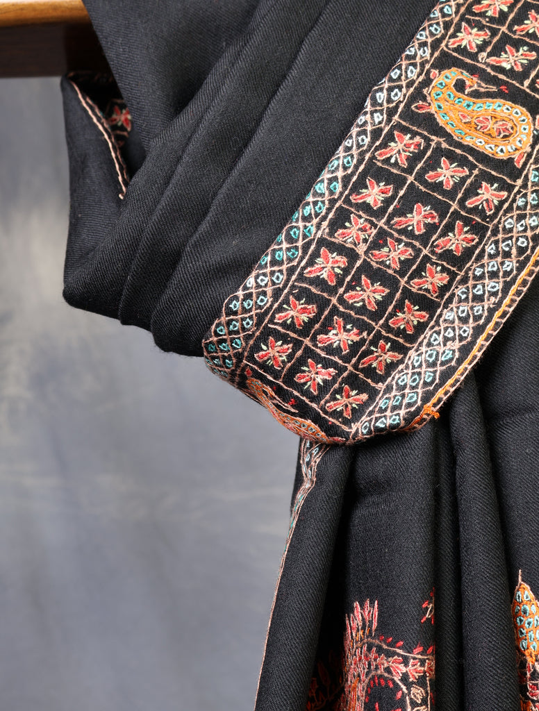 Black Base With Big Border Embroidery Merino wool Shawl