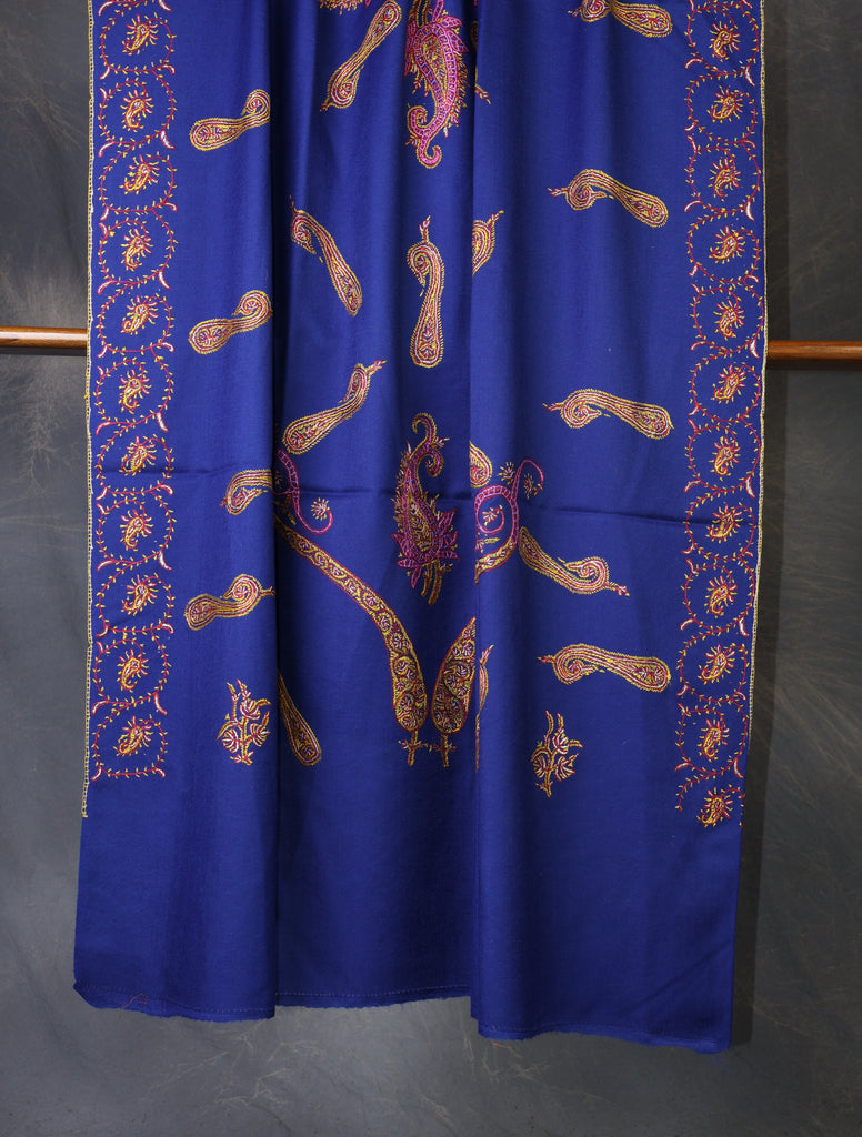 Blue Base With Big Border Embroidery Merino wool Shawl