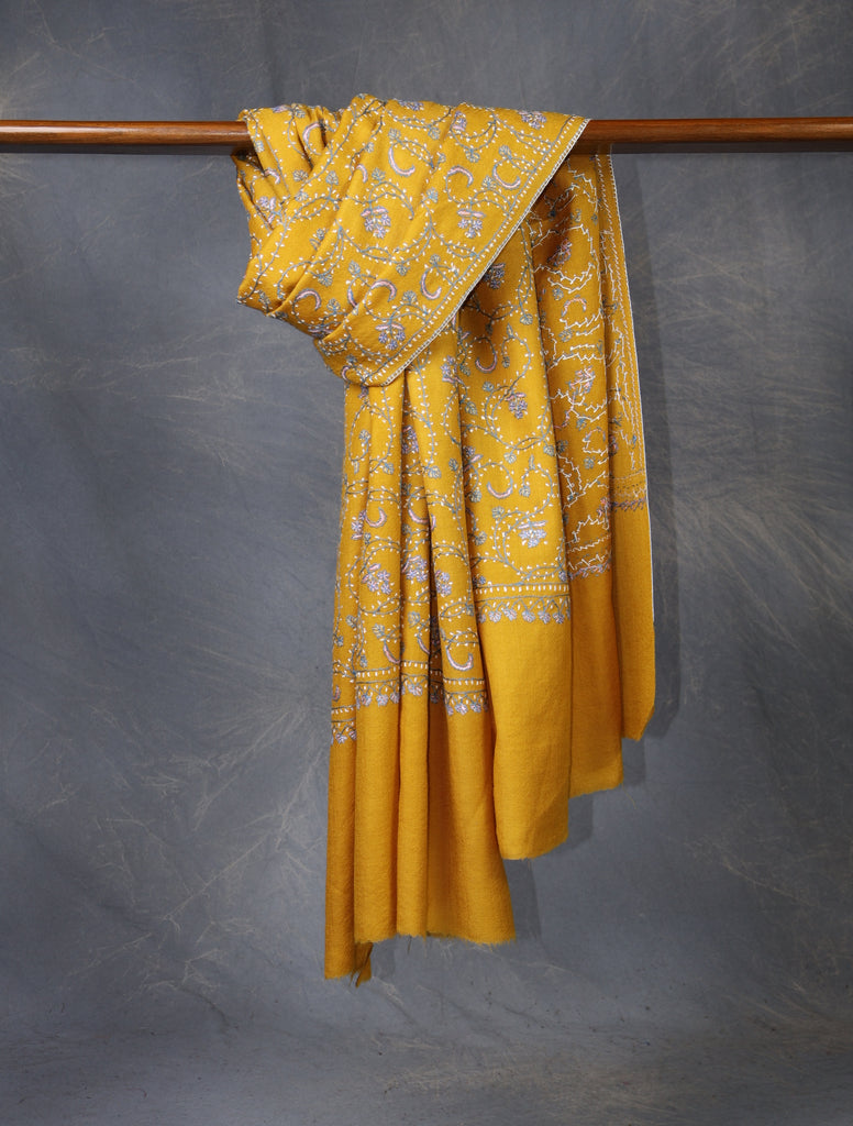 Mustard Base Jali Embroidery Merino Shawl