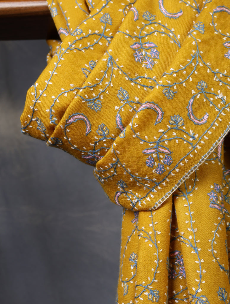 Mustard Base Jali Embroidery Merino Shawl