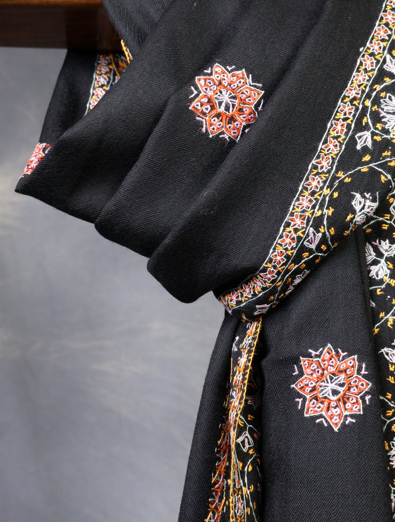 Black Base With Red Buteh Motif Merino wool Embroidery Shawl