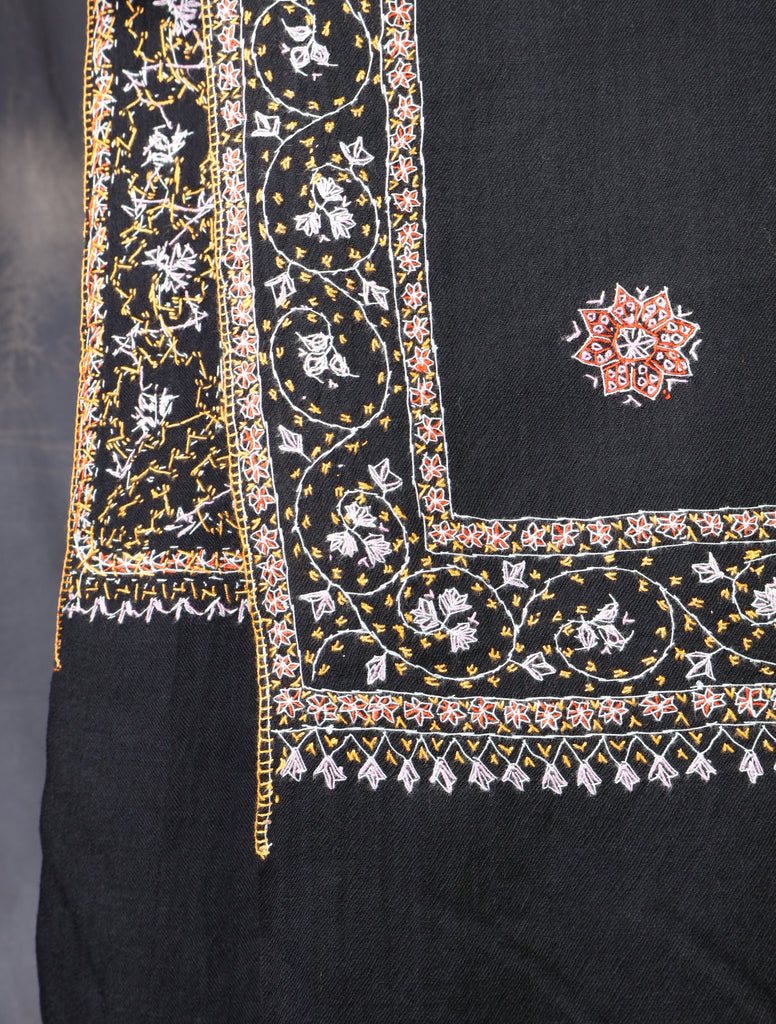 Black Base With Red Buteh Motif Merino wool Embroidery Shawl
