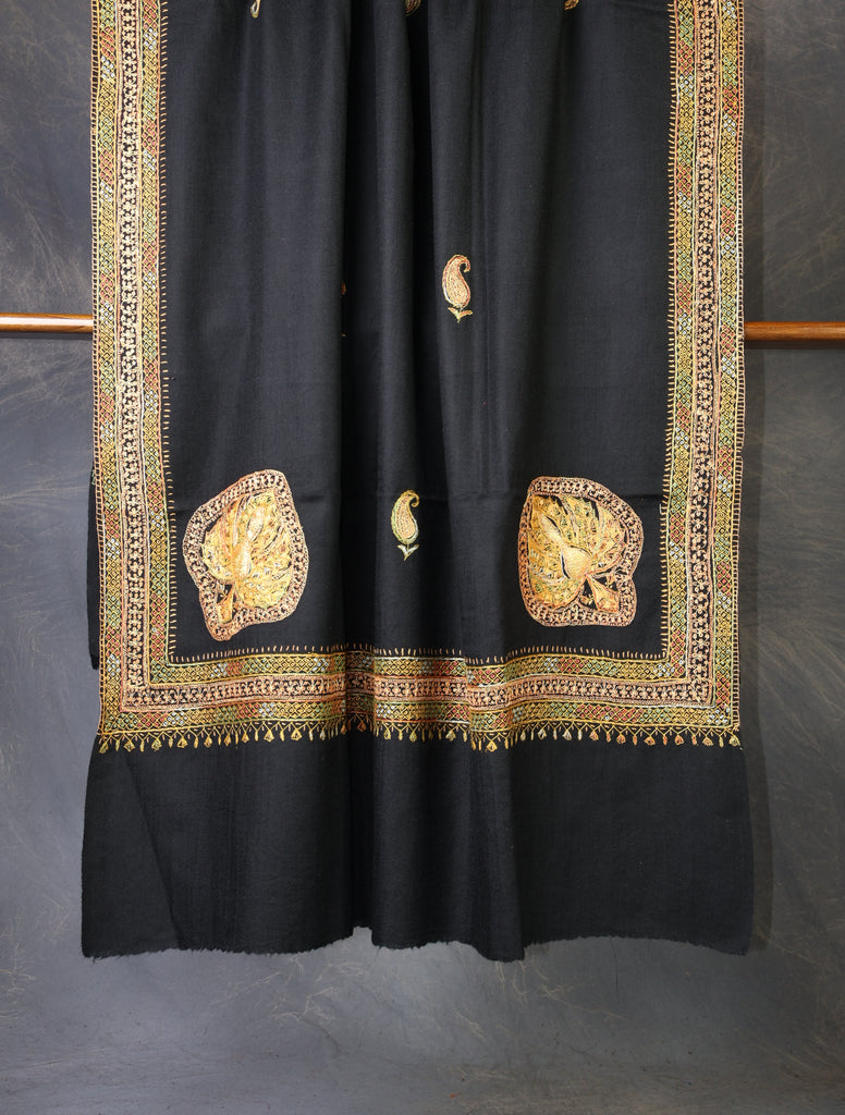 Black Base With Zari and Sozni Embroidery Merino Wool Shawl
