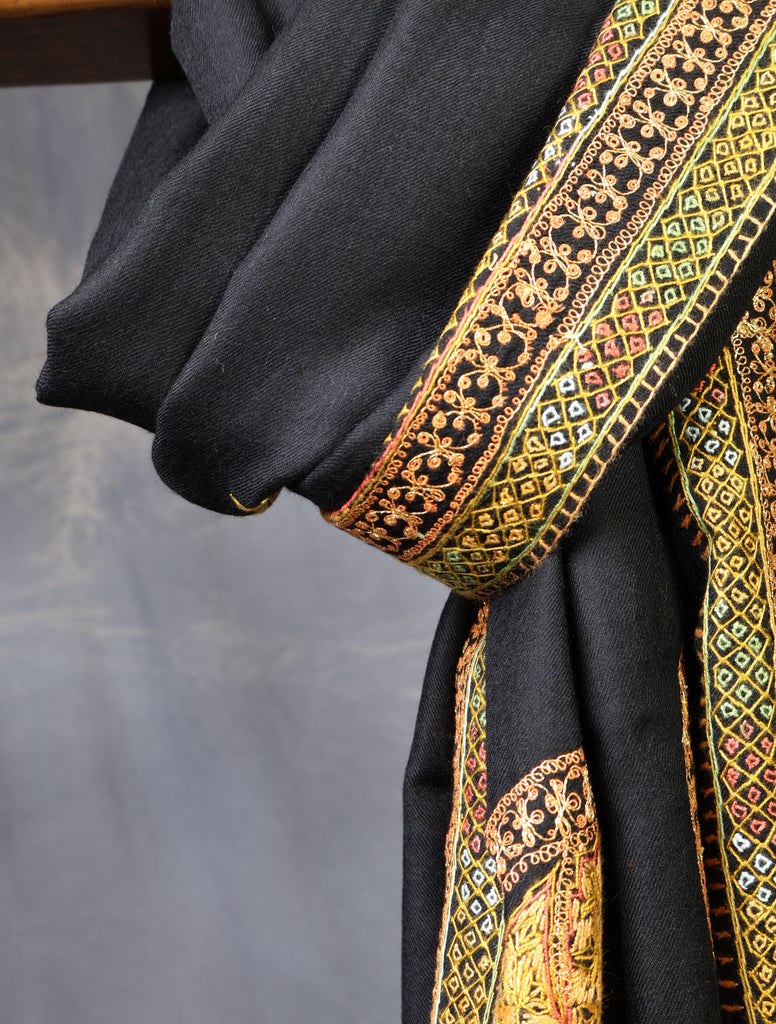 Black Base With Zari and Sozni Embroidery Merino Wool Shawl