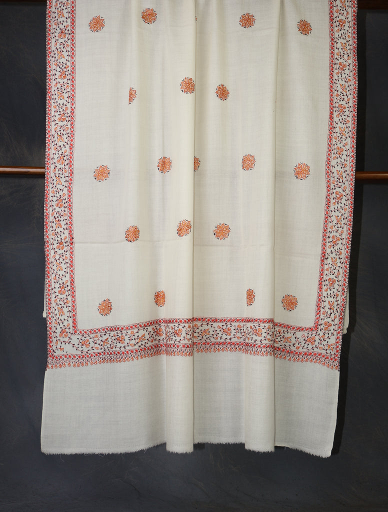 Ivory Base With Orange Buteh Motif Merino wool Embroidery Shawl