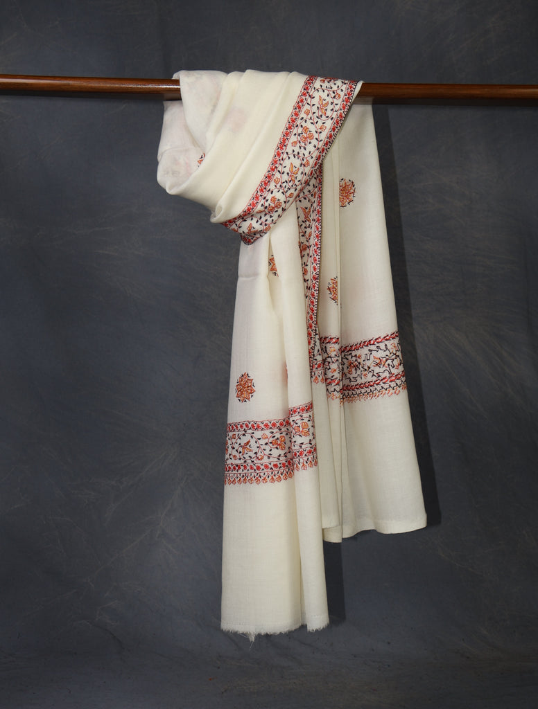 Ivory Base With Orange Buteh Motif Merino wool Embroidery Shawl