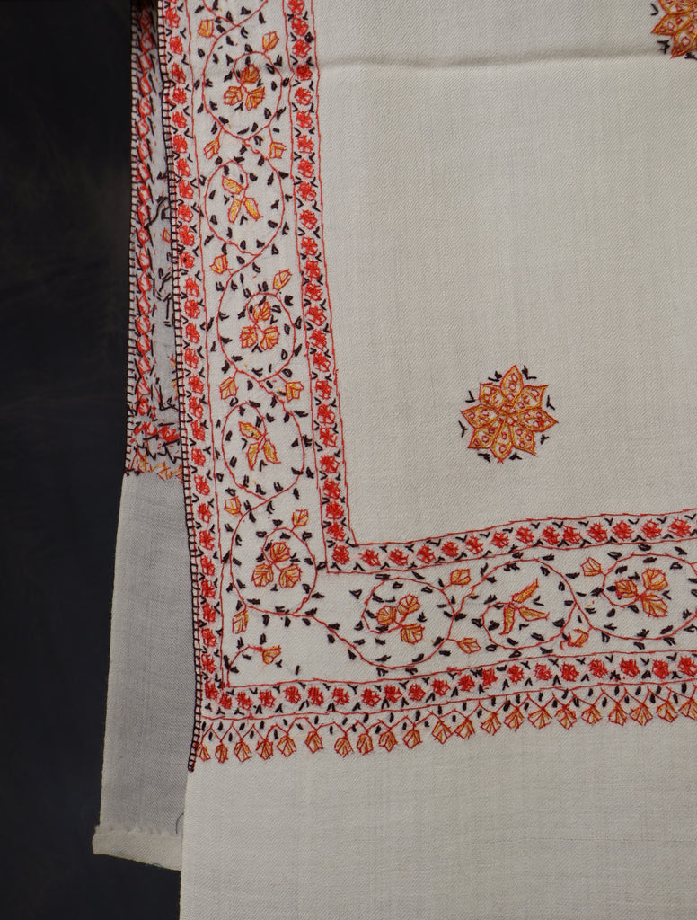Ivory Base With Orange Buteh Motif Merino wool Embroidery Shawl
