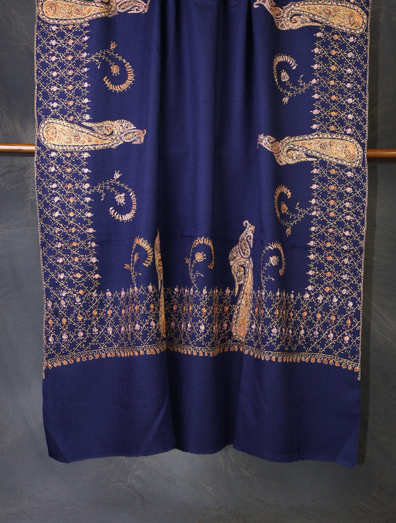 Blue Base With Big Border Embroidery Merino Shawl