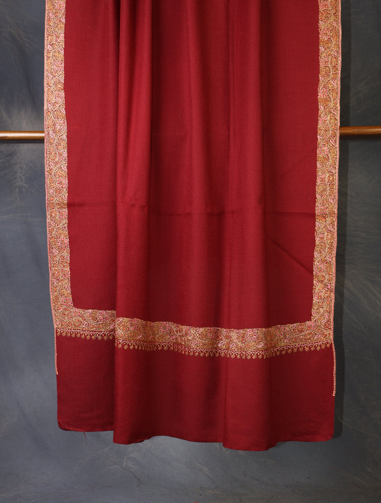 Maroon Base With Big Border Embroidery Merino Shawl