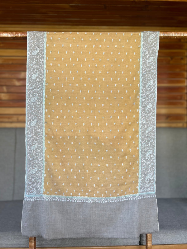 Mustard Boteh Sozni Embroidery Handwoven Cashmere Pashmina Scarf