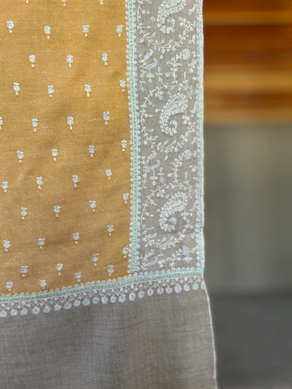 Mustard Boteh Sozni Embroidery Handwoven Cashmere Pashmina Scarf