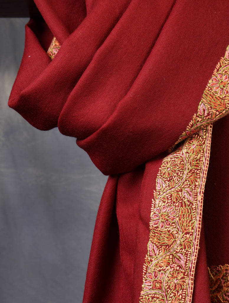 Maroon Base With Big Border Embroidery Merino Shawl