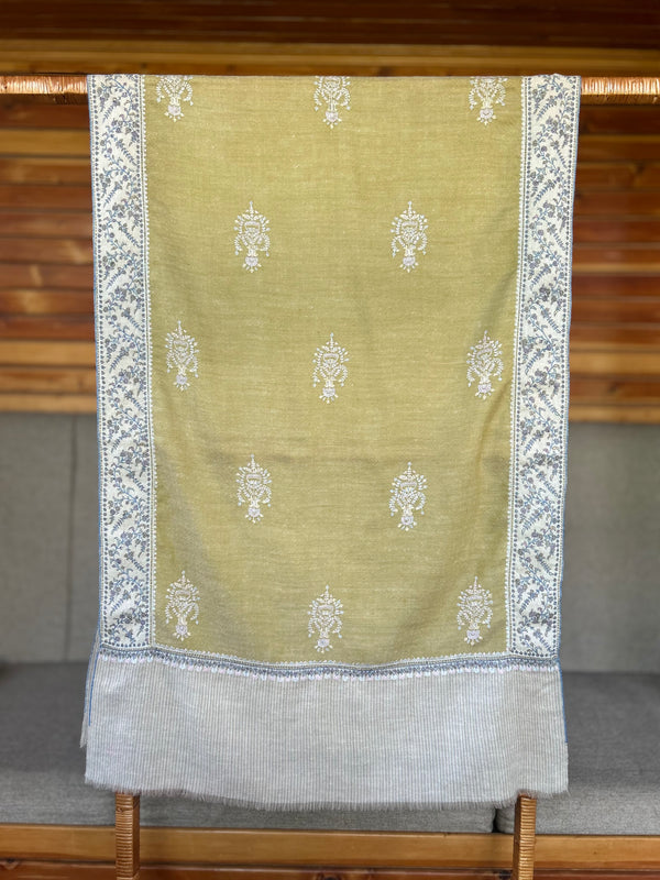 Fern Green Boteh Sozni Embroidery Handwoven Cashmere Pashmina Scarf