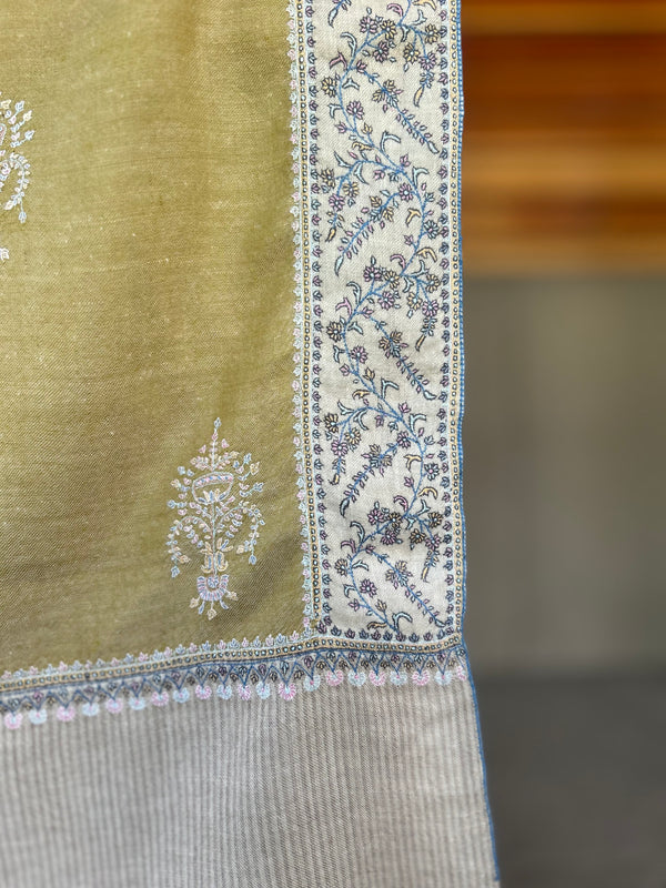 Fern Green Boteh Sozni Embroidery Handwoven Cashmere Pashmina Scarf