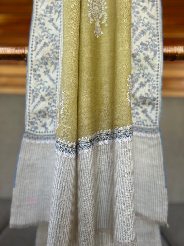Fern Green Boteh Sozni Embroidery Handwoven Cashmere Pashmina Scarf