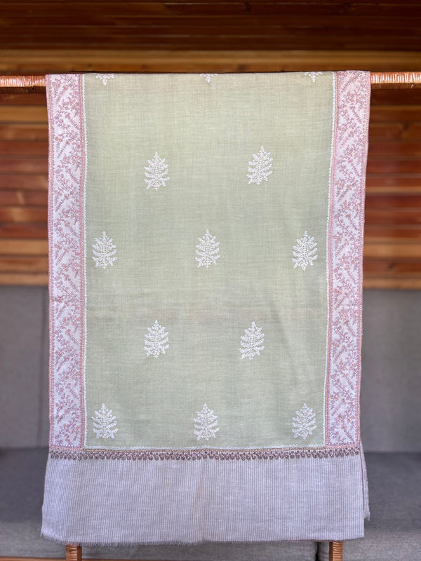 Apple Green Boteh Sozni Embroidery Handwoven Cashmere Pashmina Scarf
