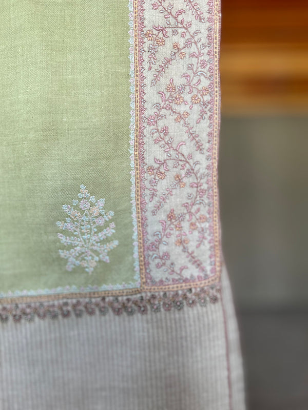Apple Green Boteh Sozni Embroidery Handwoven Cashmere Pashmina Scarf