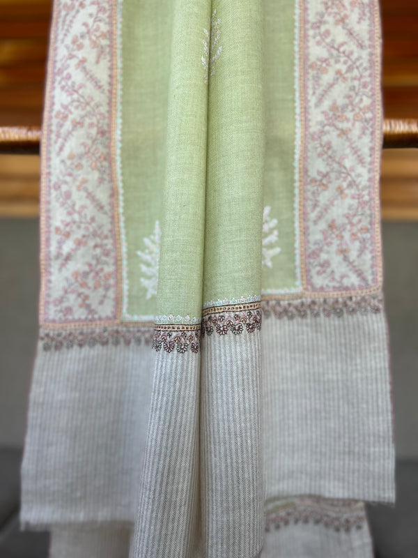 Apple Green Boteh Sozni Embroidery Handwoven Cashmere Pashmina Scarf