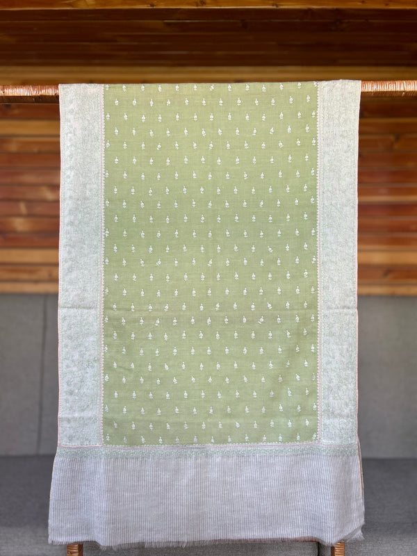 Olive Green Boteh Sozni Embroidery Handwoven Cashmere Pashmina Scarf