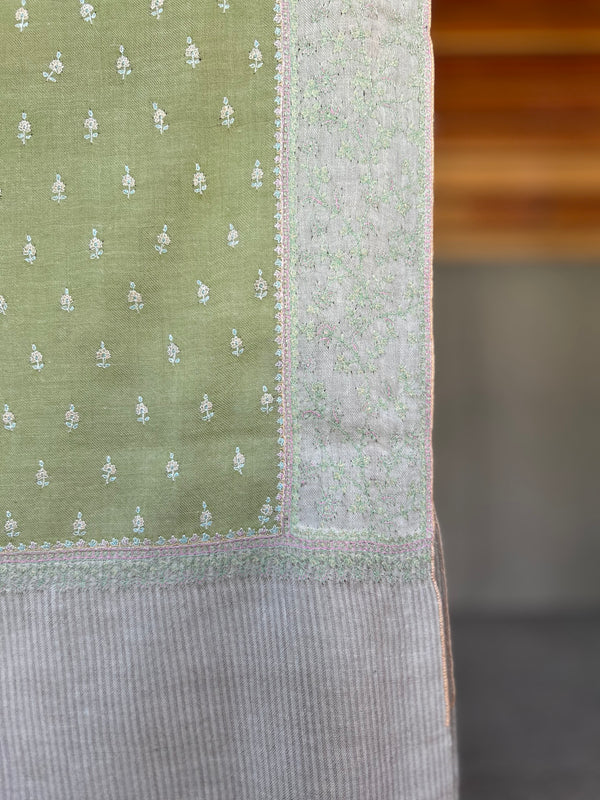 Olive Green Boteh Sozni Embroidery Handwoven Cashmere Pashmina Scarf