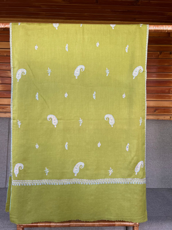 Bright Green Boteh Sozni Embroidery Handwoven Cashmere Pashmina Scarf