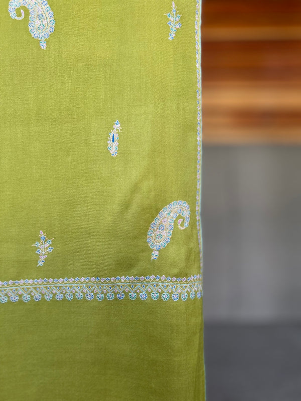 Bright Green Boteh Sozni Embroidery Handwoven Cashmere Pashmina Scarf