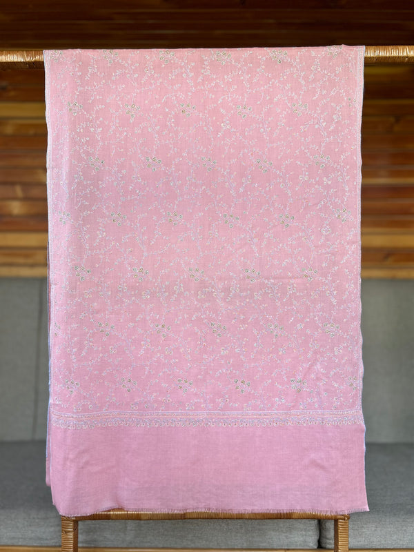 Pink Jali Sozni Embroidery Handwoven Cashmere Pashmina Scarf