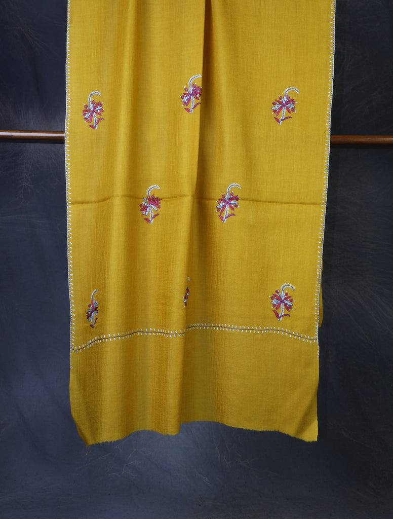 Mustard Base Buteh Merino Sozni Hand Embroidery Scarf
