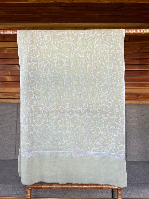 Light Green Jali Sozni Embroidery Handwoven Cashmere Pashmina Scarf