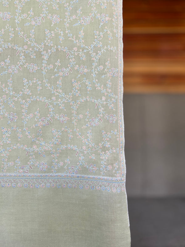 Light Green Jali Sozni Embroidery Handwoven Cashmere Pashmina Scarf