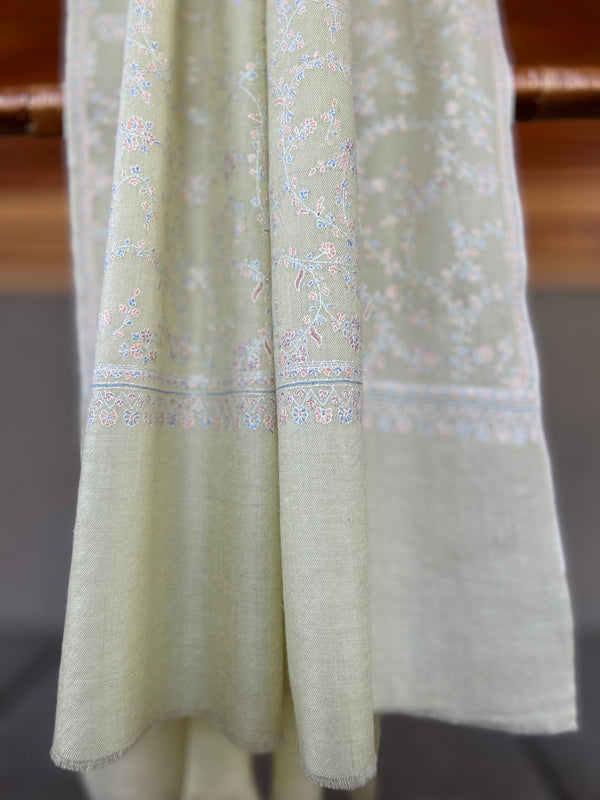 Light Green Jali Sozni Embroidery Handwoven Cashmere Pashmina Scarf