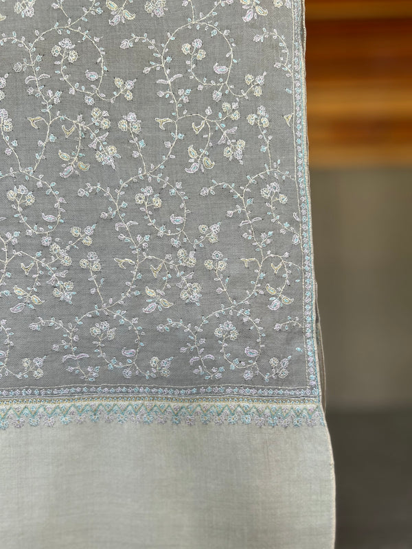 Grey Jali Embroidery Handwoven Cashmere Pashmina Scarf