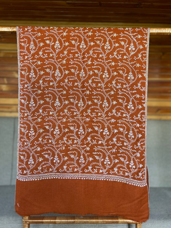 Rust Jali Sozni Embroidery Handwoven Cashmere Pashmina Scarf