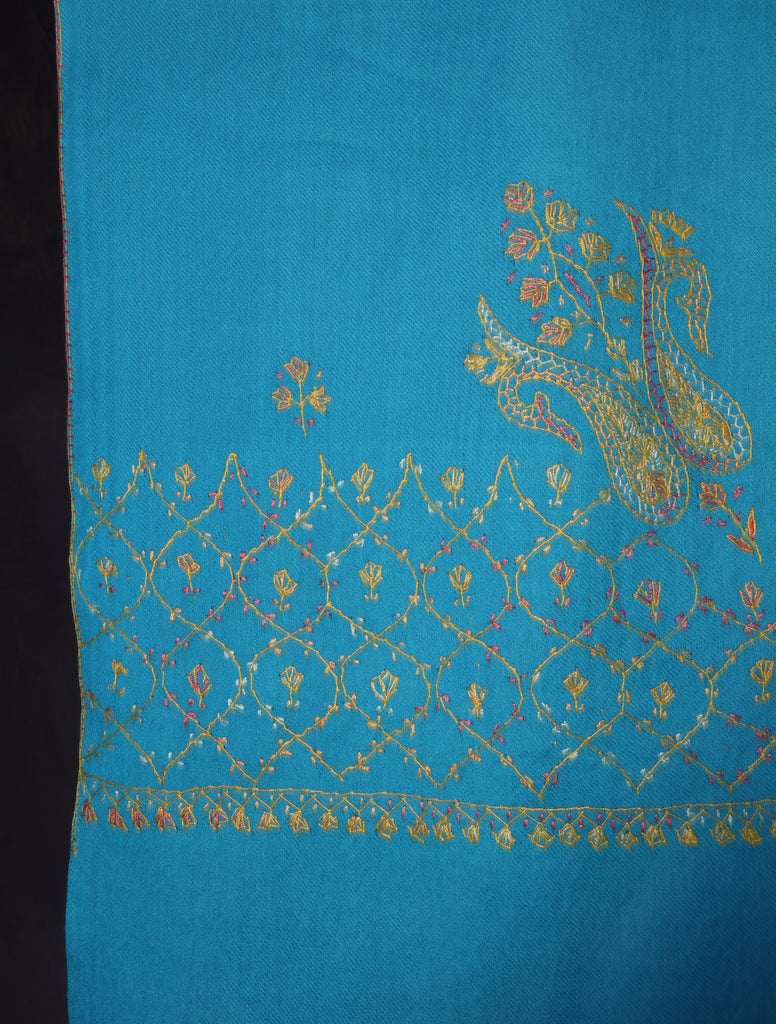 Blue Base Big Border Green Sozni Embroidery Merino Wool Scarf