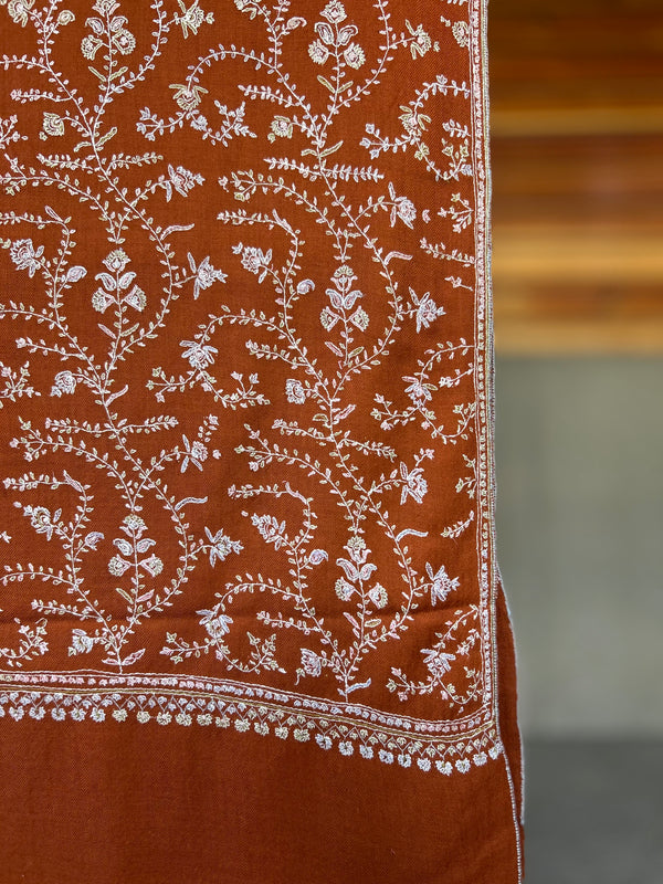 Rust Jali Sozni Embroidery Handwoven Cashmere Pashmina Scarf
