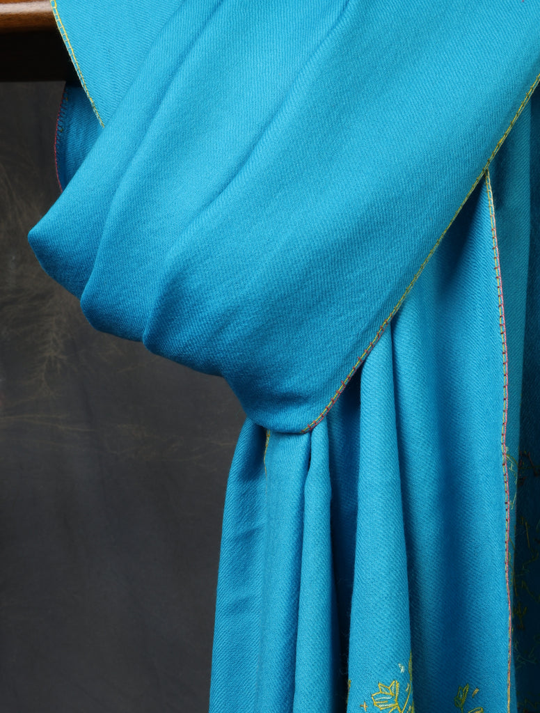 Blue Base Big Border Green Sozni Embroidery Merino Wool Scarf