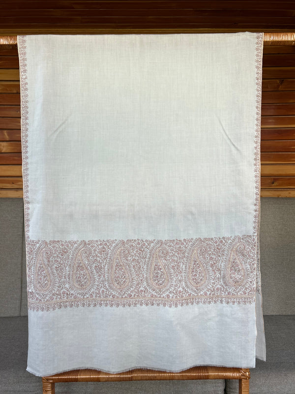 Ivory Big Border Sozni Embroidery Handwoven Cashmere Pashmina Scarf