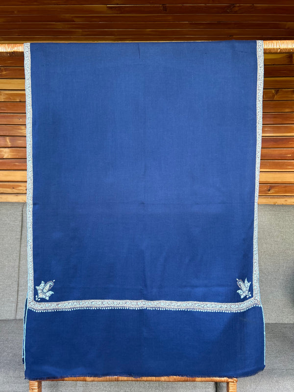 Blue Small Border Sozni Embroidery Handwoven Cashmere Pashmina Scarf