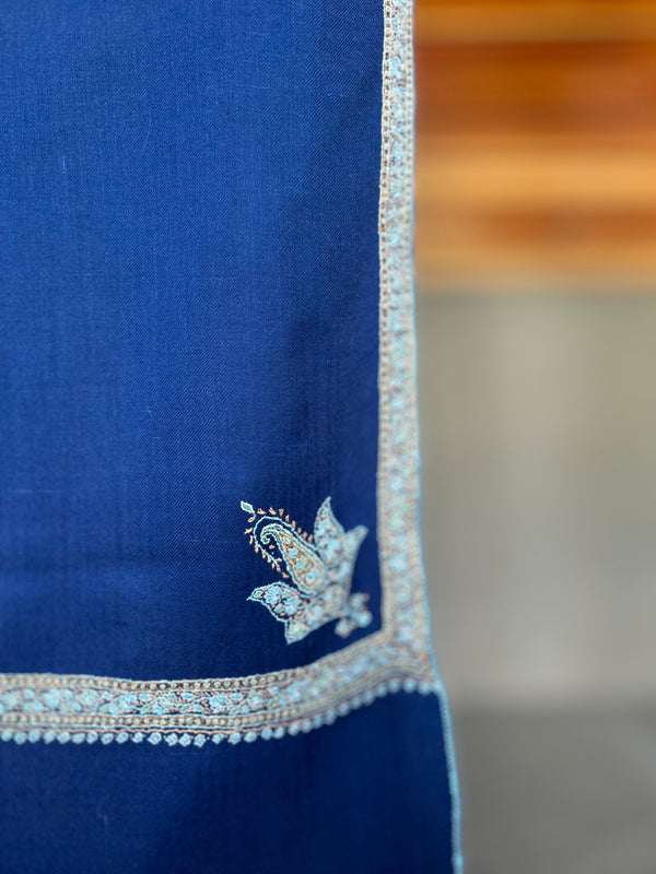 Blue Small Border Sozni Embroidery Handwoven Cashmere Pashmina Scarf