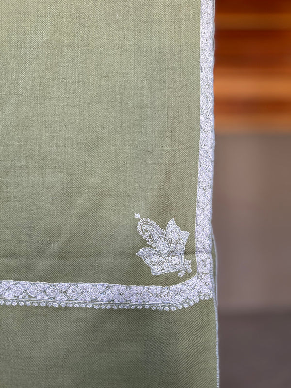 Fern Green Small Border Sozni Embroidery Handwoven Cashmere Pashmina Scarf