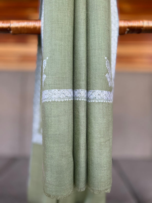 Fern Green Small Border Sozni Embroidery Handwoven Cashmere Pashmina Scarf