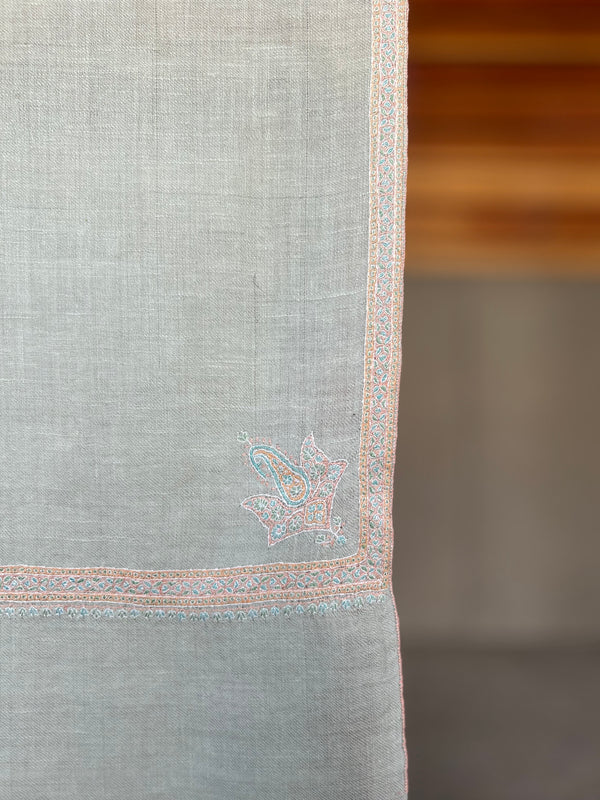 Natural Small Border Sozni Embroidery Handwoven Cashmere Pashmina Scarf