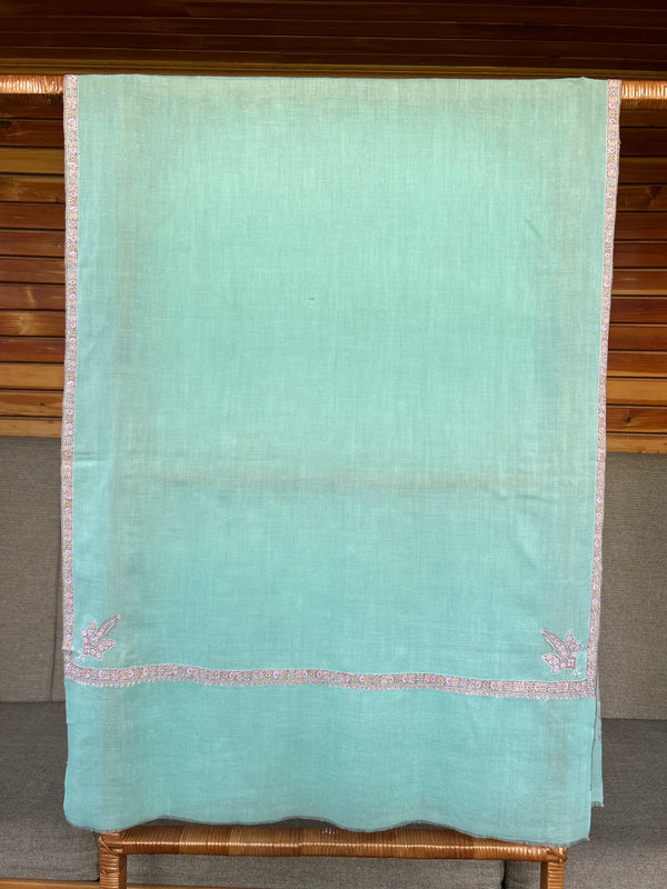 Turquoise Green Small Border Sozni Embroidery Handwoven Cashmere Pashmina Scarf